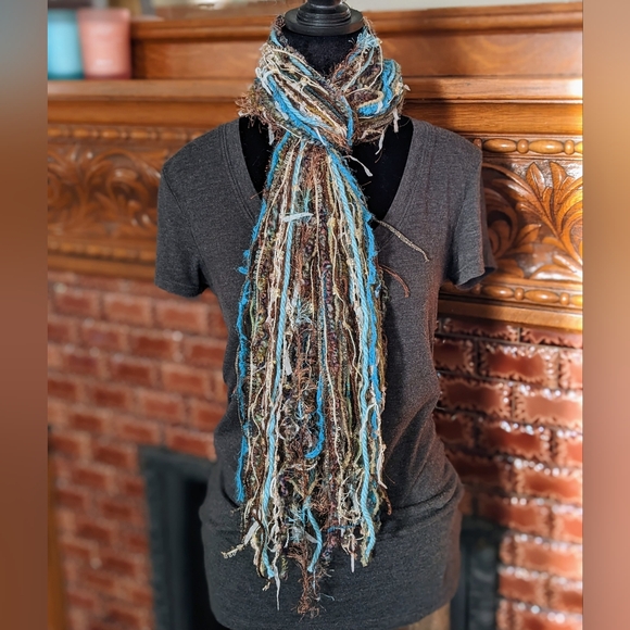 Handmade Fringe Scarf - Teal Aqua Blue Green Gray White Brown Gold Flowy Chic - Picture 11 of 13